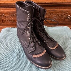 Laredo Women's Black Leather Lace Up Roper Boots Size 7.5 Rodeo Cowgirl Western